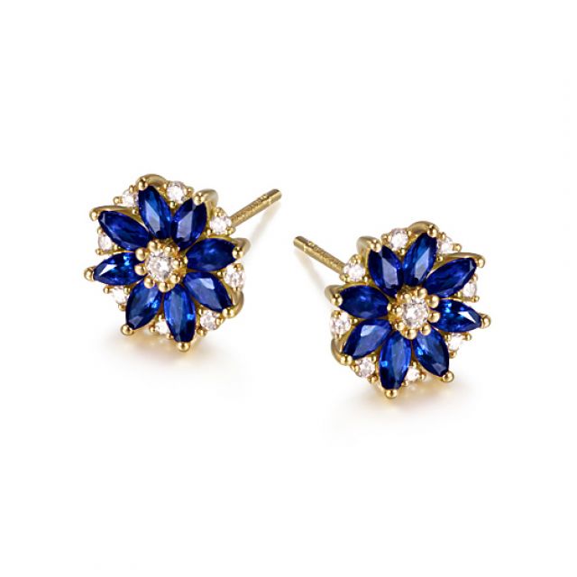 Boucle oreille Blue Mist, fleur de brume bleue - Saphir, diamant, Or jaune