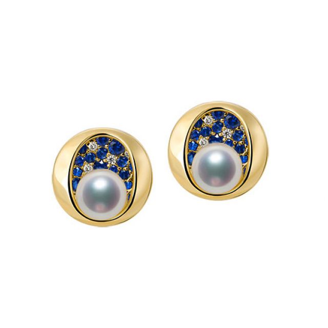 Boucle oreille perle Akoya I Constellation saphir diamant I Seiza, Or jaune