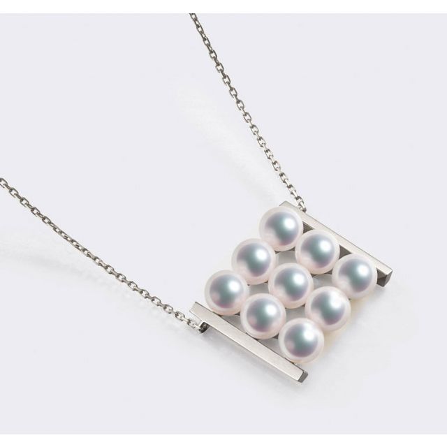 Pendentif 9 perles Akoya. Rails or blanc. Perles damier. Tezuka