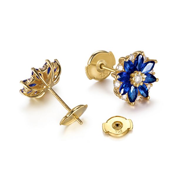 Boucle oreille Blue Mist, fleur de brume bleue - Saphir, diamant, Or jaune