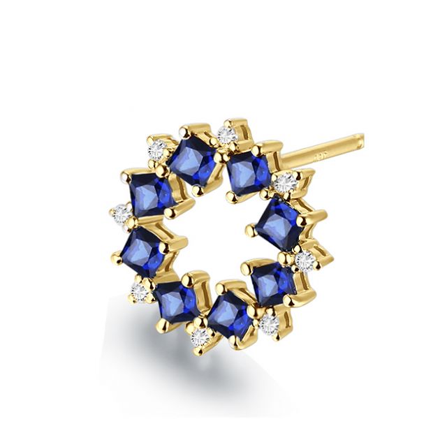 Boucle d oreille fleur de bleuet - Saphir, diamant, or jaune