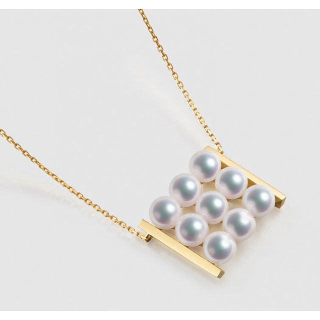 Pendentif 9 perles Akoya. Rails or jaune. Perles damier. Tezuka