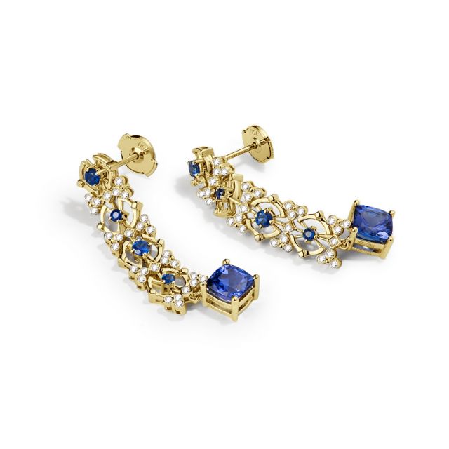 Boucle d oreille Saphir bleu, diamant - Or jaune