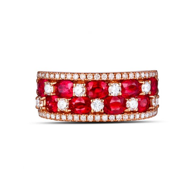 Bague damier Or rose. Rubis et diamants alternés