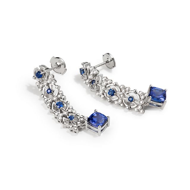 Boucle d oreille saphir bleu, diamant - Or blanc