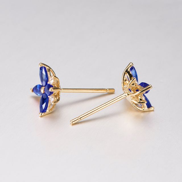 Boucle oreille fleur saphir bleu, diamant, or jaune - Véronique des ruisseaux