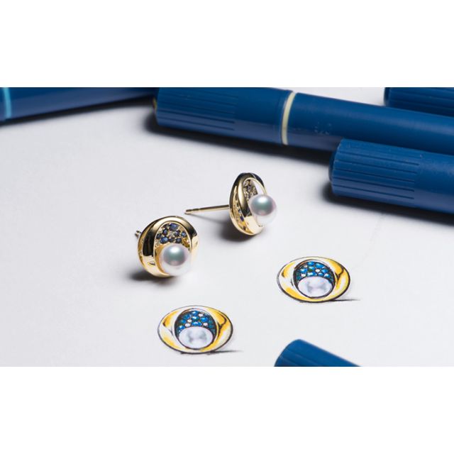 Boucle oreille perle Akoya I Constellation saphir diamant I Seiza, Or jaune