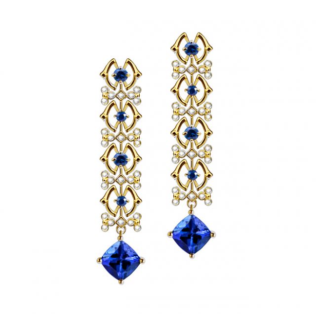 Boucle d oreille Saphir bleu, diamant - Or jaune