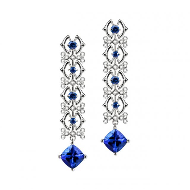 Boucle d oreille saphir bleu, diamant - Or blanc