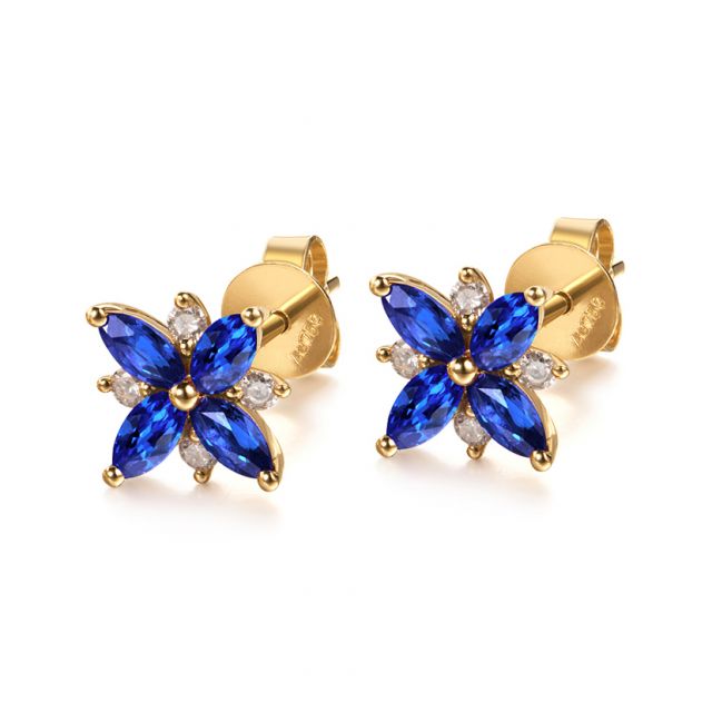 Boucle oreille fleur saphir bleu, diamant, or jaune - Véronique des ruisseaux