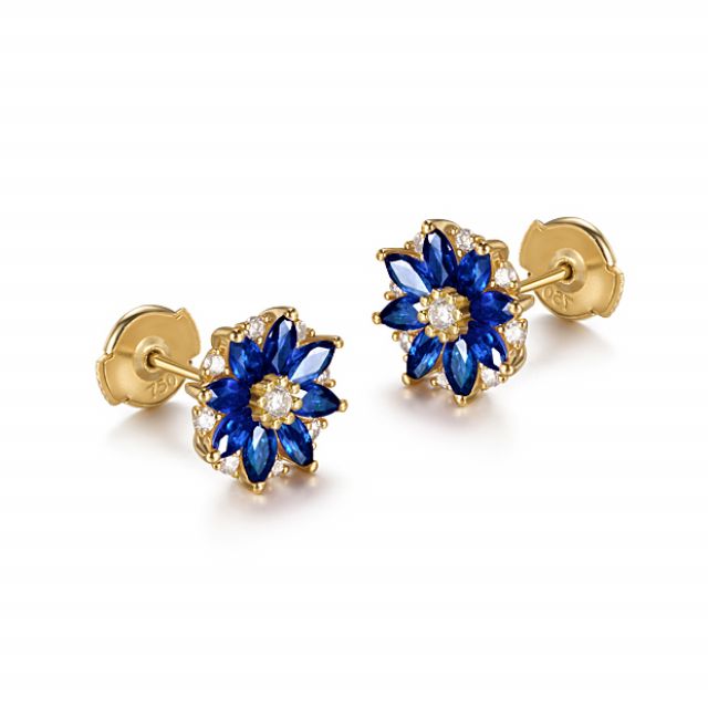 Boucle oreille Blue Mist, fleur de brume bleue - Saphir, diamant, Or jaune