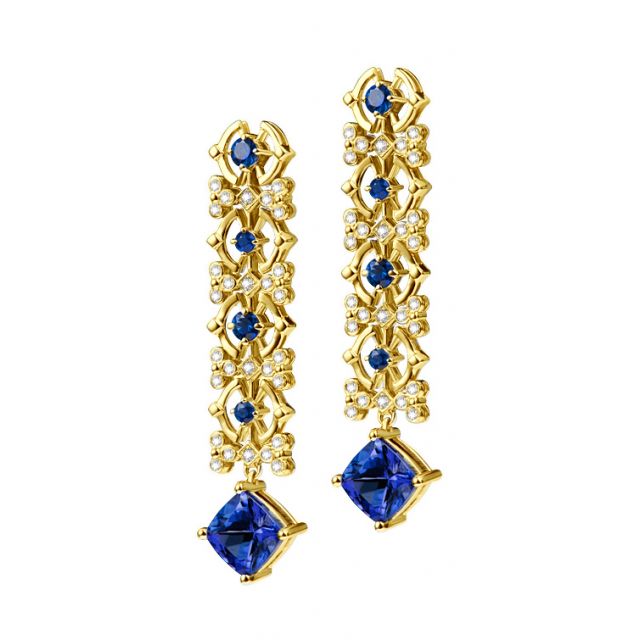 Boucle d oreille Saphir bleu, diamant - Or jaune