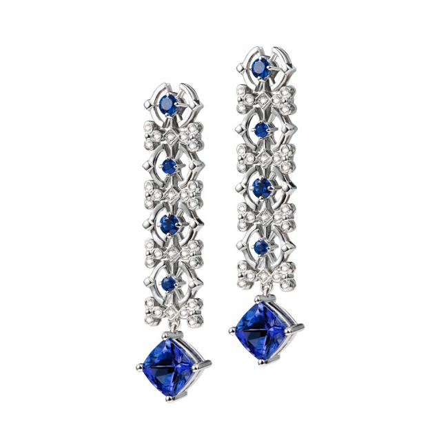 Boucle d oreille saphir bleu, diamant - Or blanc