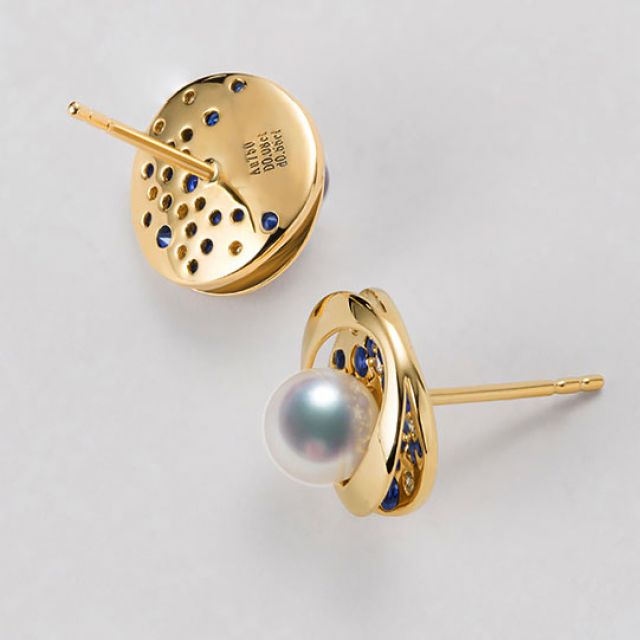 Boucle oreille perle Akoya I Constellation saphir diamant I Seiza, Or jaune