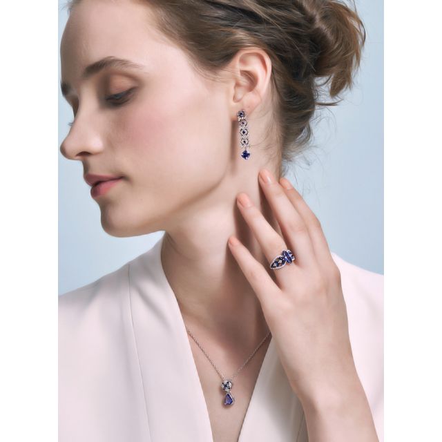 Boucle d oreille saphir bleu, diamant - Or blanc