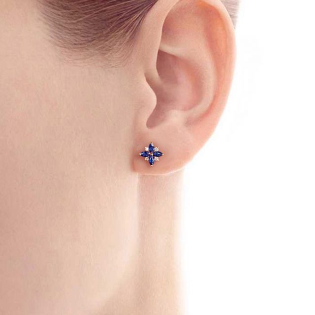 Boucle oreille fleur saphir bleu, diamant, or jaune - Véronique des ruisseaux