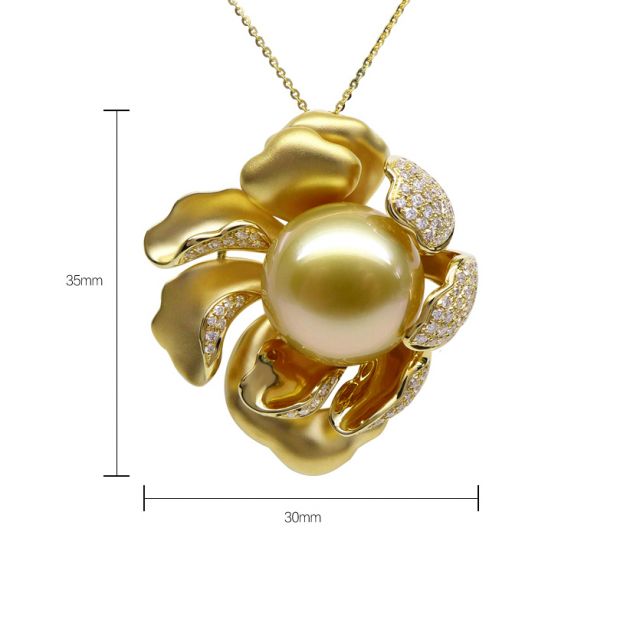 Pendentif Pivoine Or jaune. Perle dorée. Diamants