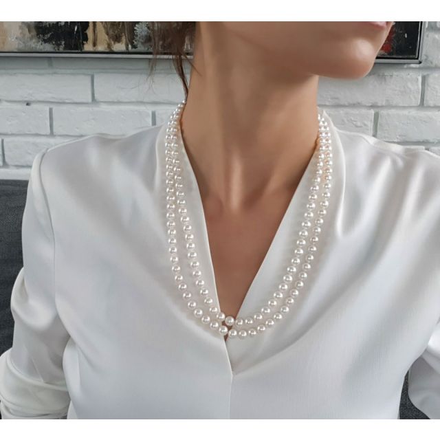 Collier double fil, rang de perles - Perle eau douce blanche - 7/7.5mm