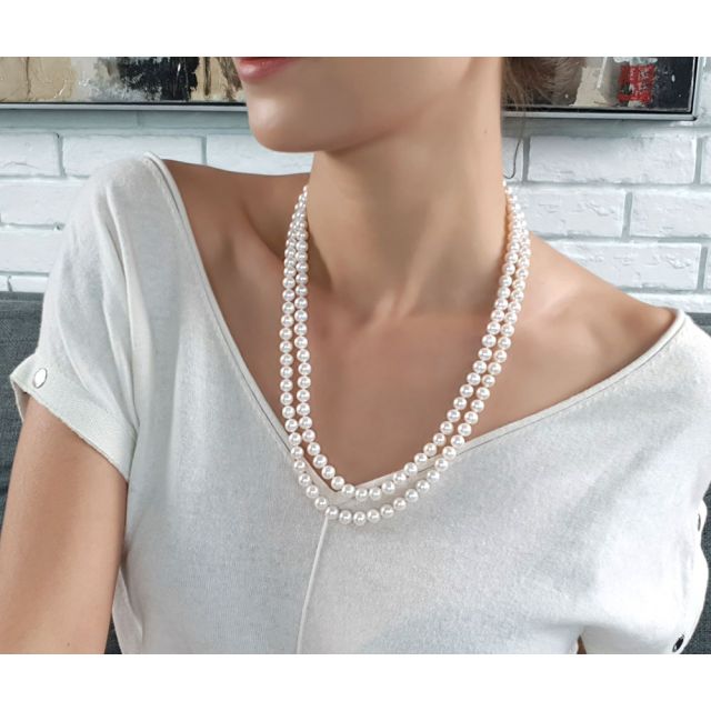 Collier double fil, rang de perles - Perle eau douce blanche - 7/7.5mm