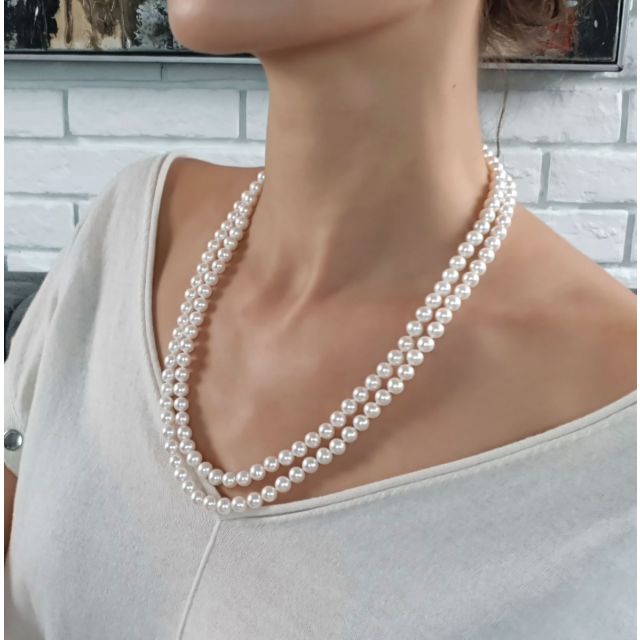 Collier double fil, rang de perles - Perle eau douce blanche - 7/7.5mm