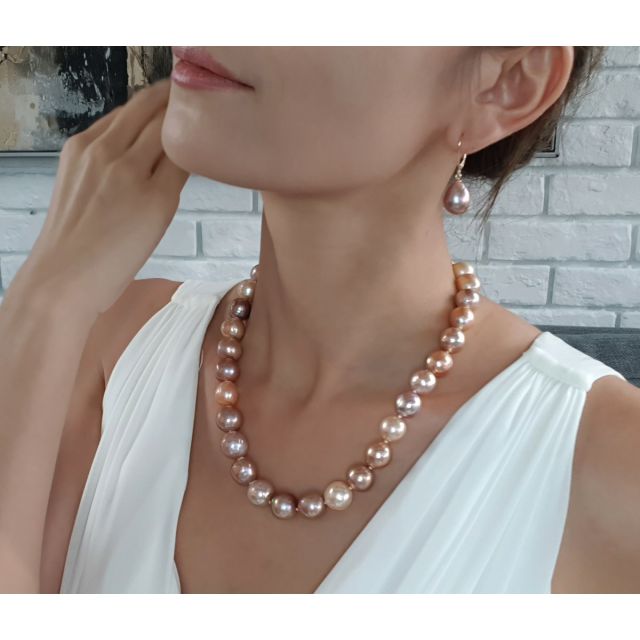 Collier Grosse Perle Rose à Lavande - 12/14mm - AA+