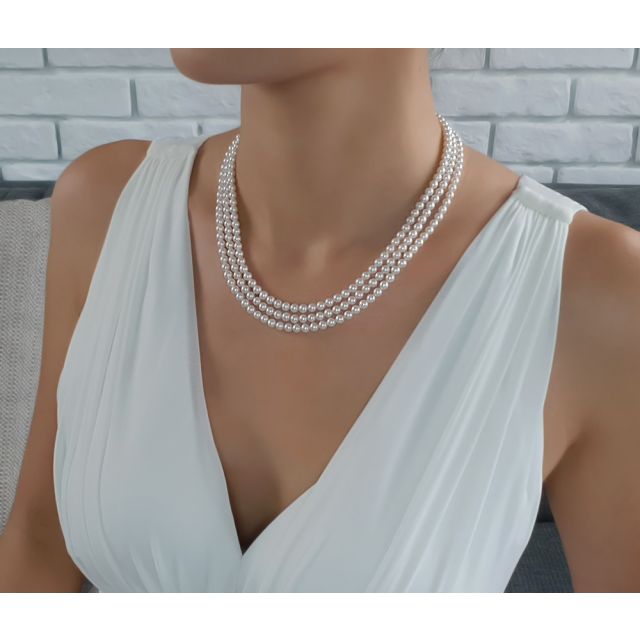 Collier perles 3 rangs mariage. Perle Blanche 5/5.5mm