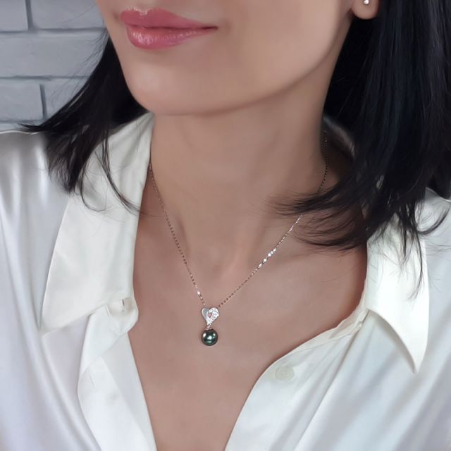 Pendentif en forme de coeur - Perle de Tahiti - Or blanc, diamants