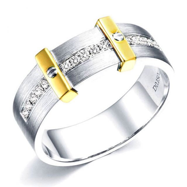 Bague pour homme barrée de diamants - 2 ors jaune et blanc