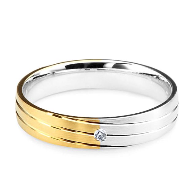 Alliance de mariage rainure - 2 ors - Diamant serti clos - Femme