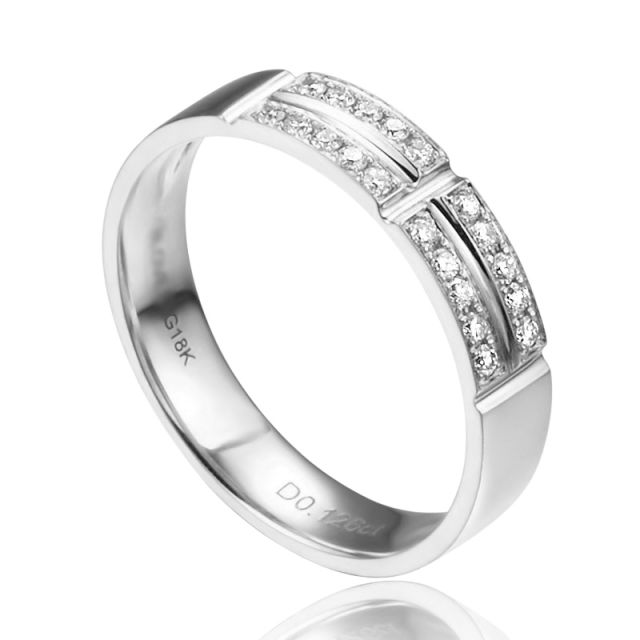 Alliance biseautée femme - Or blanc - pavage Diamants