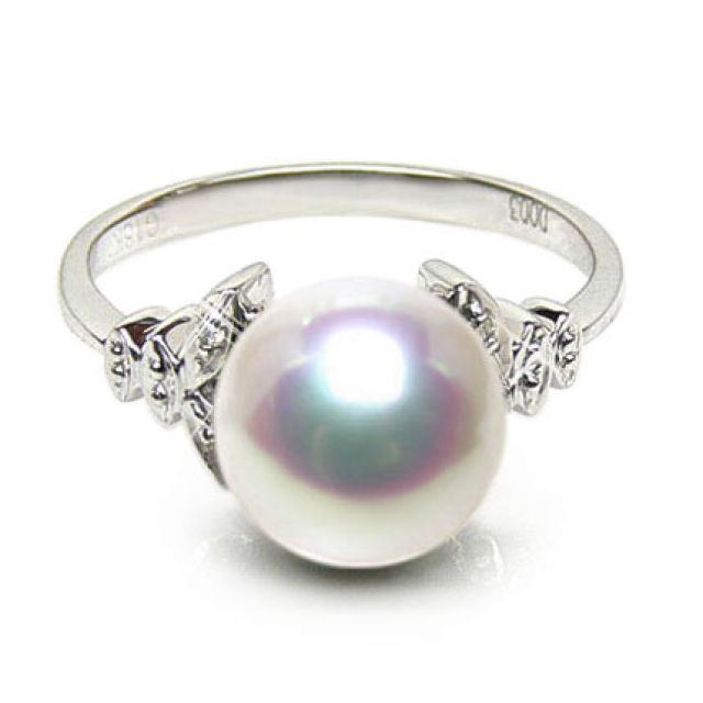 Bague or perle du Japon - Perle Akoya blanche - Or blanc, diamants