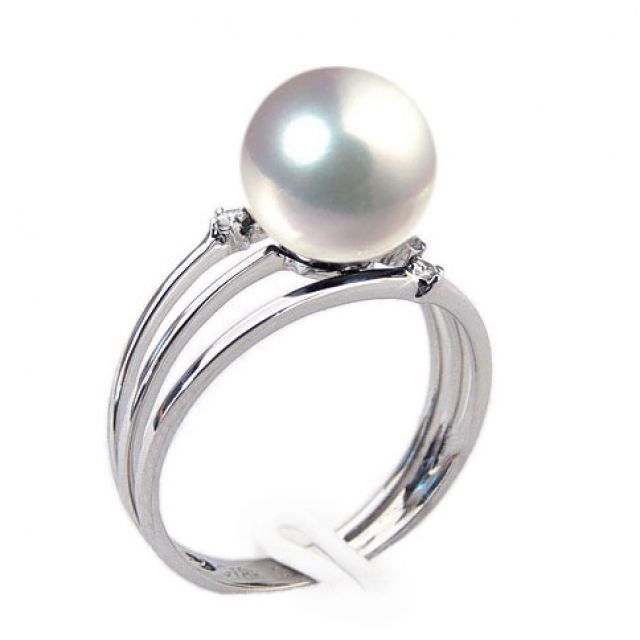 Bague or blanc - Perle Akoya blanche Japon - 3 anneaux, diamants