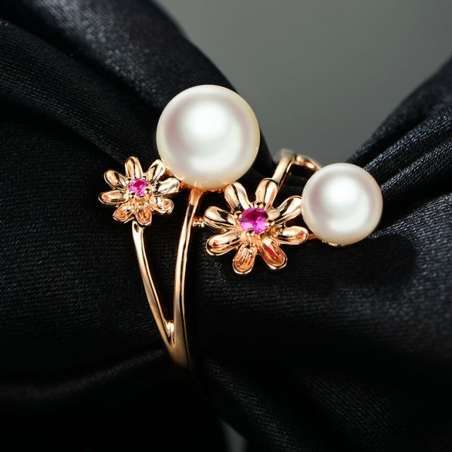 Bague or rose Toi et Moi Perles Akoya. Fleurs, Saphirs roses