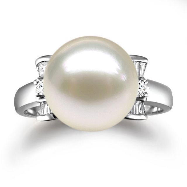 Bague or perle de culture - Perle blanche Chine - Or blanc, diamants