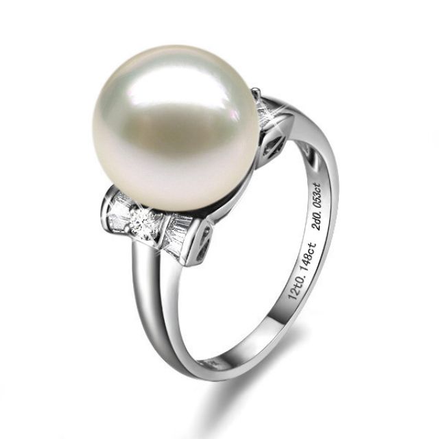 Bague or perle de culture - Perle blanche Chine - Or blanc, diamants