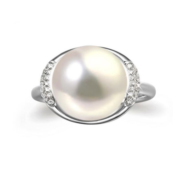 Bague perle d'eau douce et or blanc - Plateau circulaire en diamants