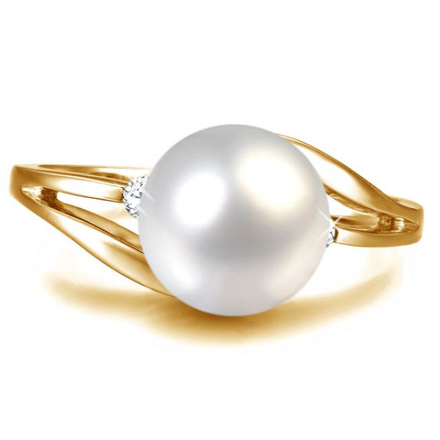 Bague feuilles de style - Perle culture blanche - Or jaune, diamants