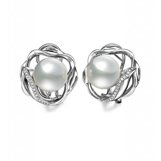 Boucles oreilles fleurs lotus - Perles Australie - Or blanc, diamants