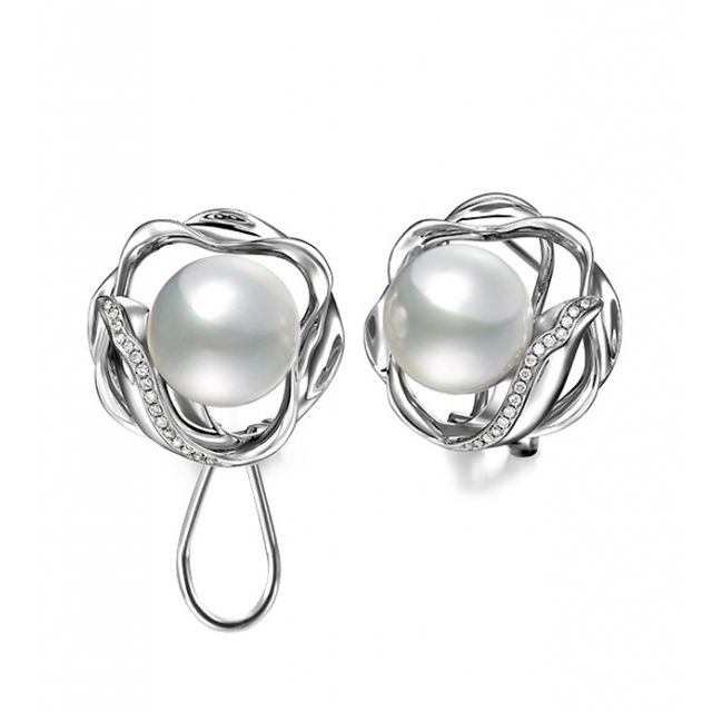 Boucles oreilles fleurs lotus - Perles Australie - Or blanc, diamants