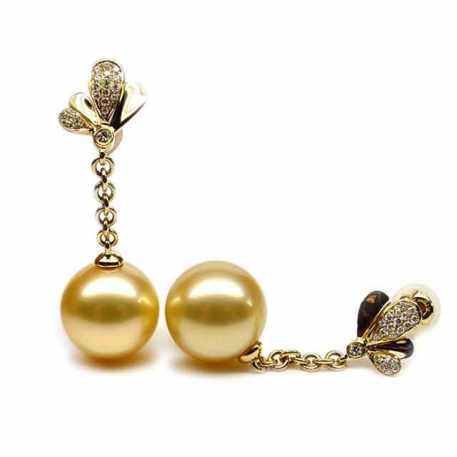 Boucles oreilles perles Australie or jaune, diamants - Jardin d'Eden