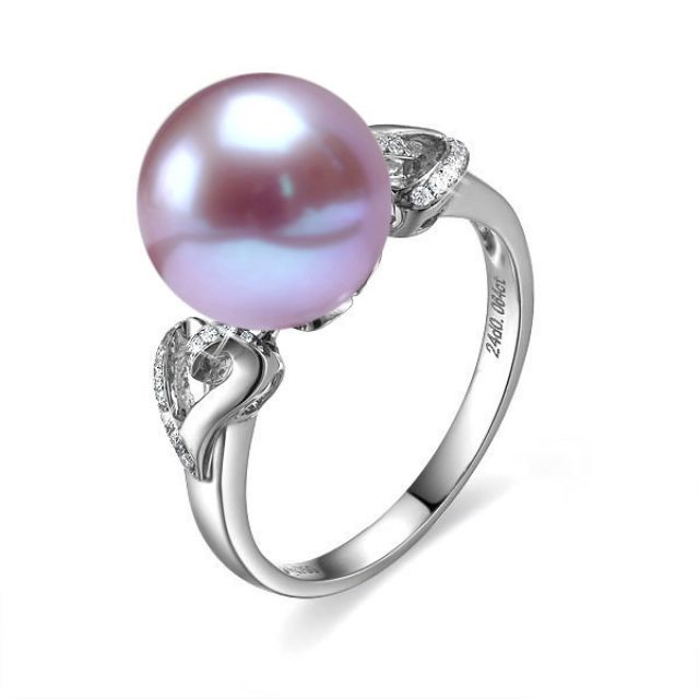 Bague coeur de perle diamanté - Or blanc et Perle d'eau douce lavande