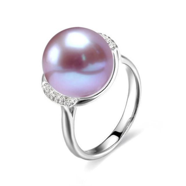 Bague perle d'eau douce et or lavande - Plateau circulaire en diamants