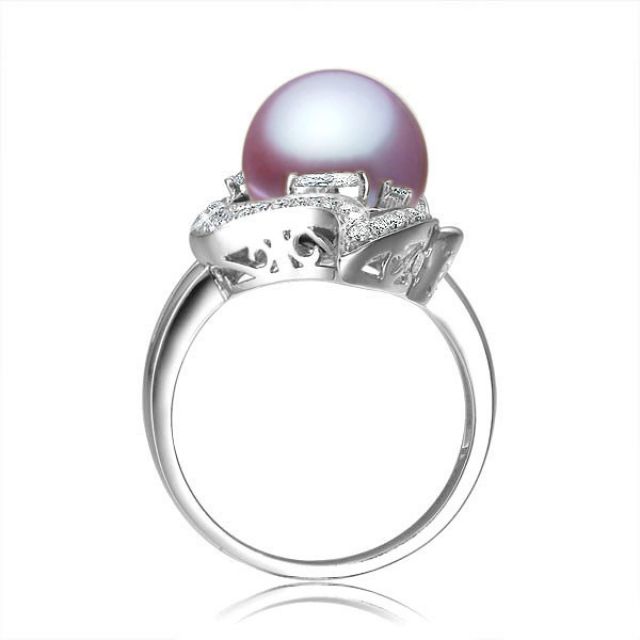 Bague végétale or blanc - Perle eau douce Lavande de culture, Diamants