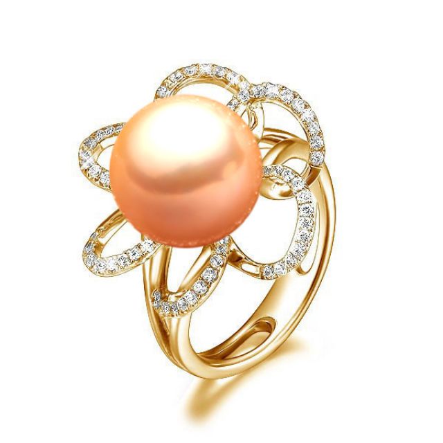 Bague fleur - Or jaune, diamants et perle rose