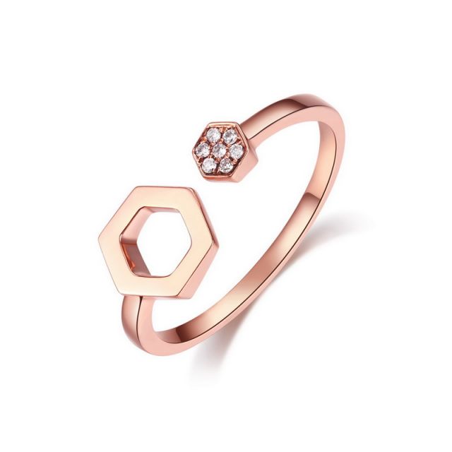 Bague ouverte hexagone. Or rose 18cts, diamants 0.030ct