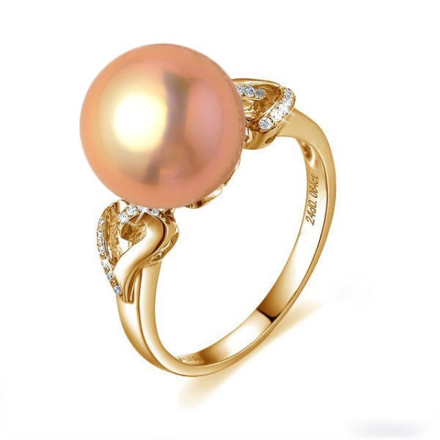 Bague coeur de perle diamanté - Or jaune et Perle d'eau douce rose