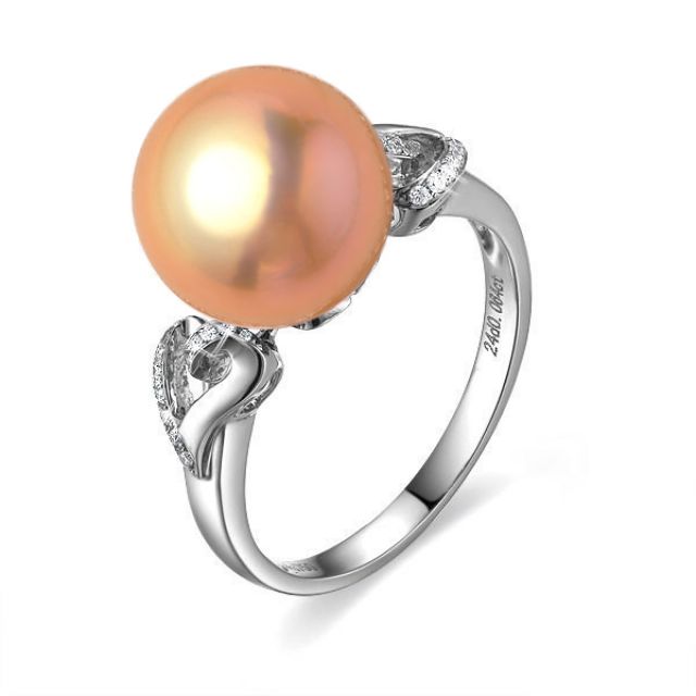 Bague coeur de perle diamanté - Or blanc et Perle d'eau douce rose