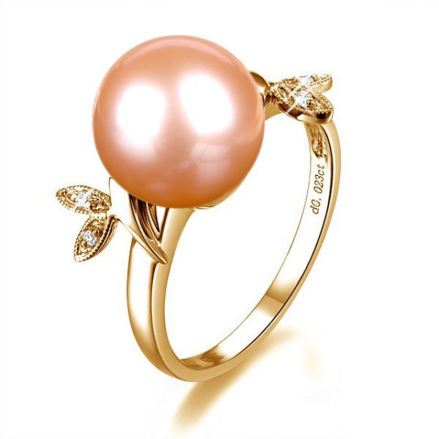 Bague Perle Rose, Or Jaune Diamant. Feuilles Étincelantes 