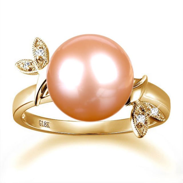 Bague Perle Rose, Or Jaune Diamant. Feuilles Étincelantes 