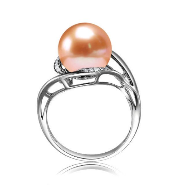 Bague femme perle - Or blanc, diamants - Perle de culture rose